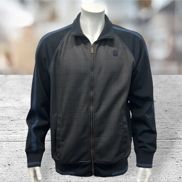 Marc Ecko Cut & Sew Blue Gray Plaid Full Zip Track Jacket with Pockets Large LG - Picture 3 of 13